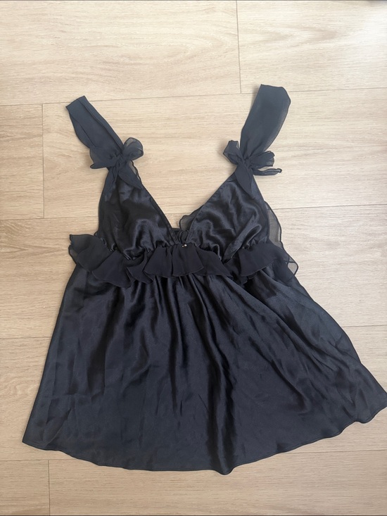 Victoria's Secret Tops - Victoria’s Secret Black Satin Tie-Strap Babydoll Top w/ Ruffles & Bows